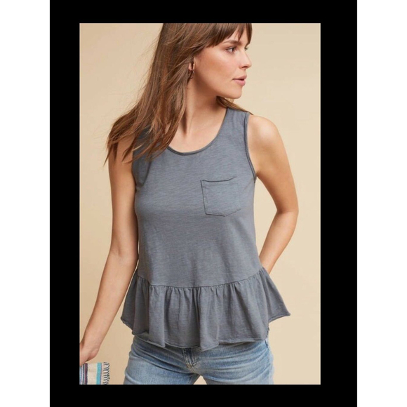 NWT New Eri + Ali Anthropologie Ruffled Pocket Peplum Tank Gray Small S - Picture 2 of 7
